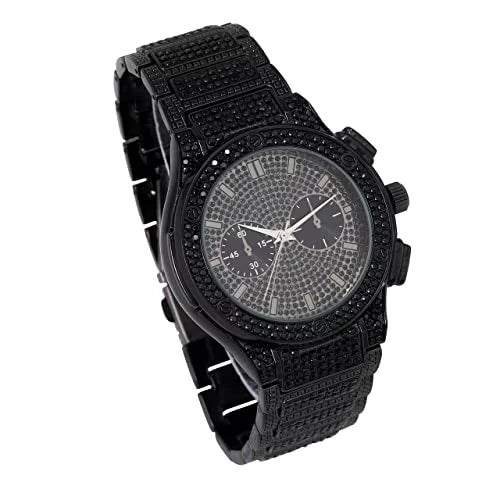 w/Miami - Metal Black Rhinestones Cuban - Bling Mens Iced Watch Big Out - Cuban - Inspired Bracelet Faux Hip Blast Hop Timepiece Diamond Eyes Chrono by on
