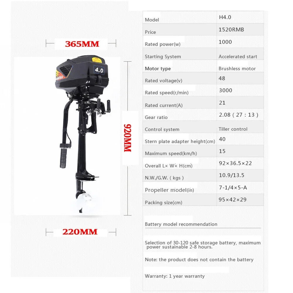 Electric 1000W Engine Fishing Outboard Motor Trolling Outboard Boat Short Motor 48V Shaft