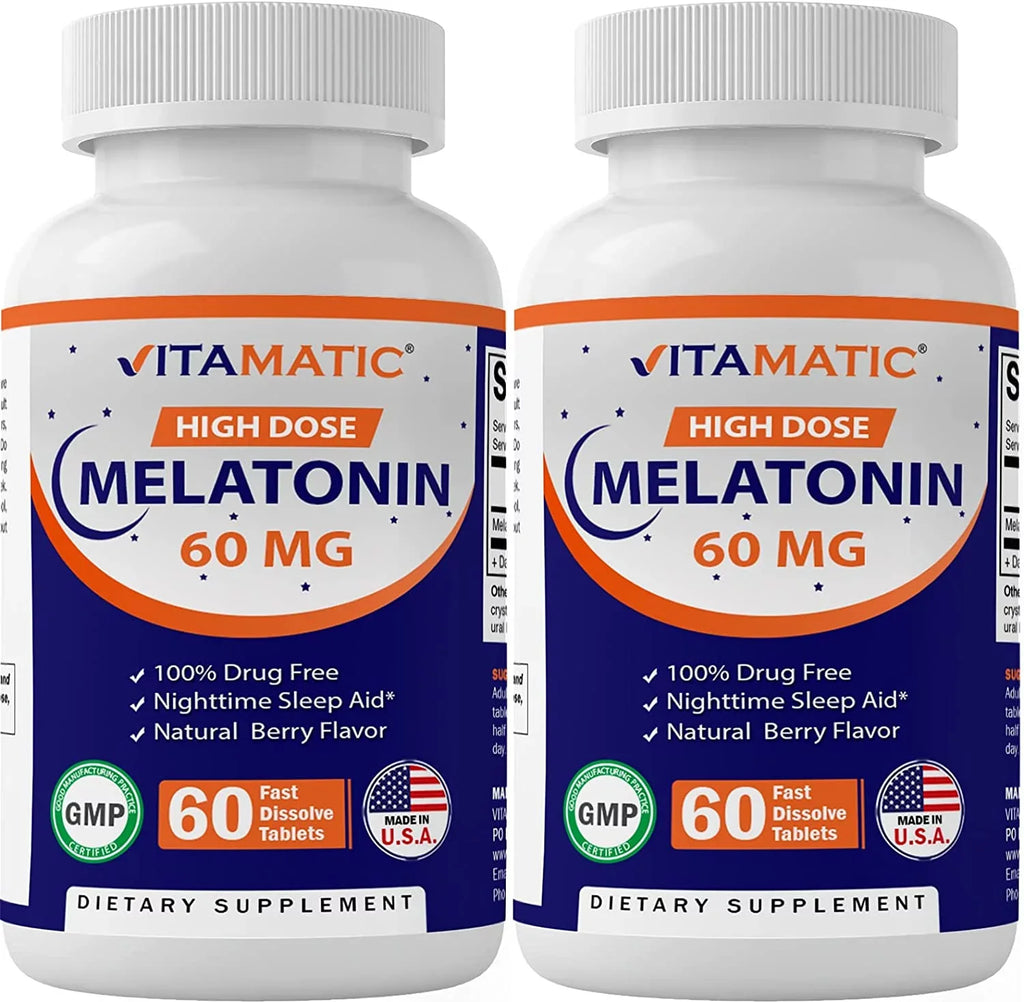 Tablets 60 Melatonin Non-GMO, Non-Habit (2 Flavor Berry Forming Tablets Gluten Vegan Dissolve Bottles) Natural - Fast Free Vitamatic 60mg - -