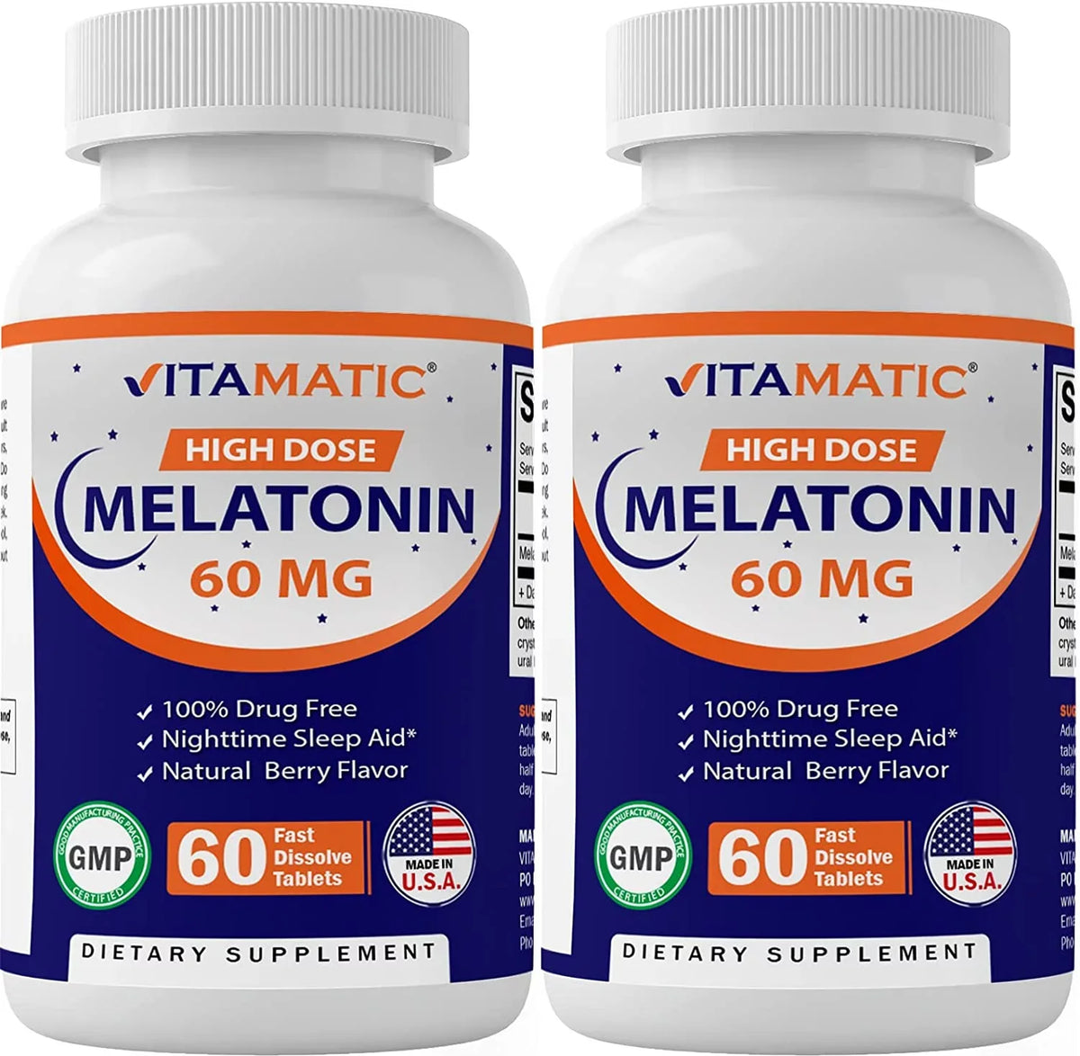 Tablets 60 Melatonin Non-GMO, Non-Habit (2 Flavor Berry Forming Tablets Gluten Vegan Dissolve Bottles) Natural - Fast Free Vitamatic 60mg - -