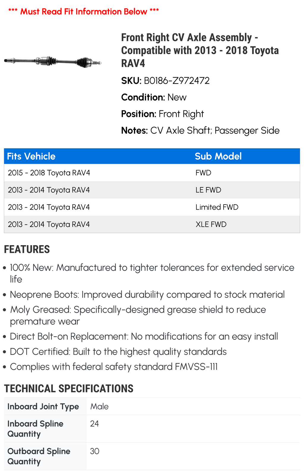 '- with 2017 RAV4 Assembly Front 2016 2018 Right 2014 2013 Compatible 2015 Toyota Axle - CV