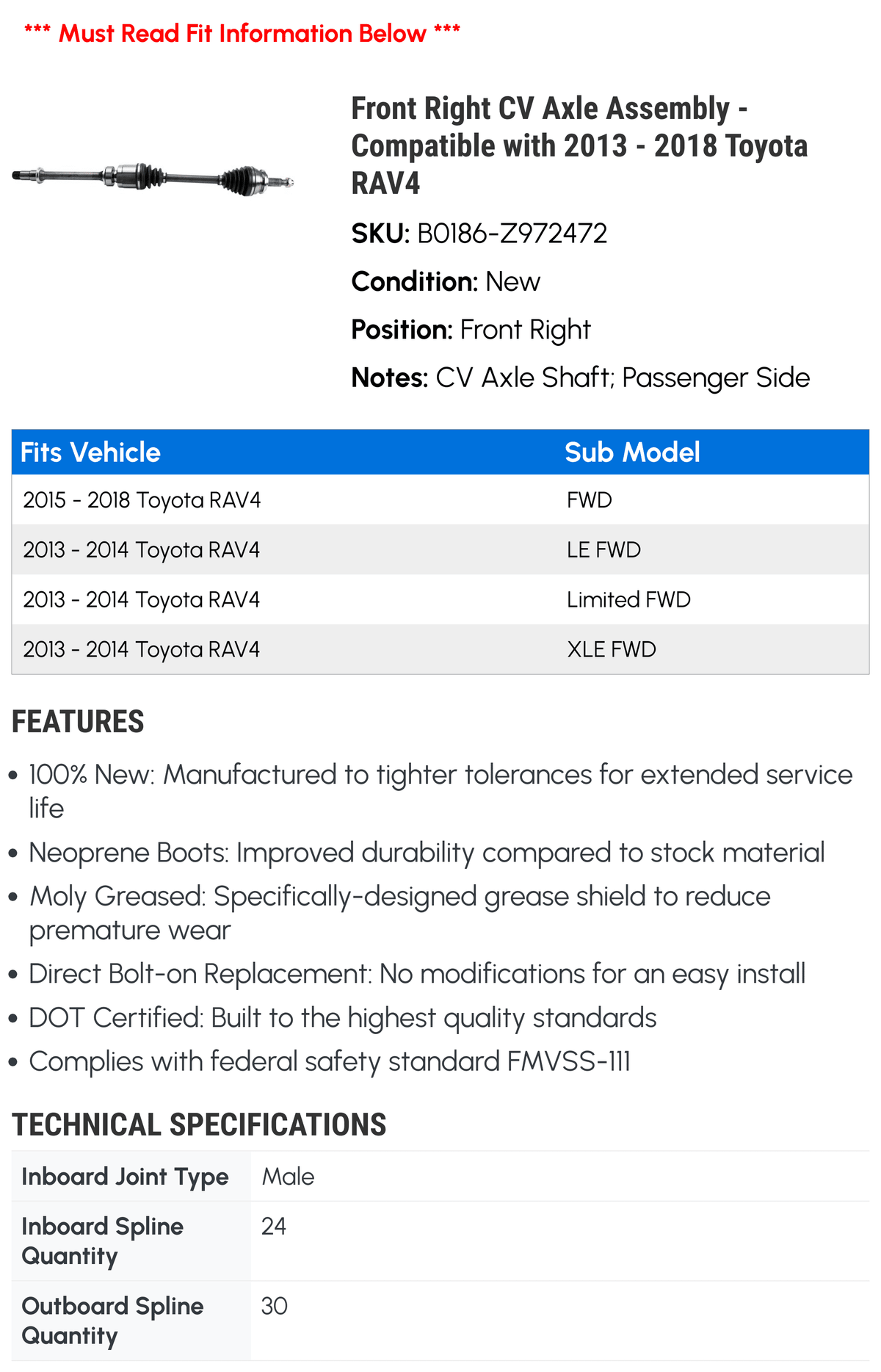 '- with 2017 RAV4 Assembly Front 2016 2018 Right 2014 2013 Compatible 2015 Toyota Axle - CV