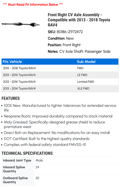 '- with 2017 RAV4 Assembly Front 2016 2018 Right 2014 2013 Compatible 2015 Toyota Axle - CV