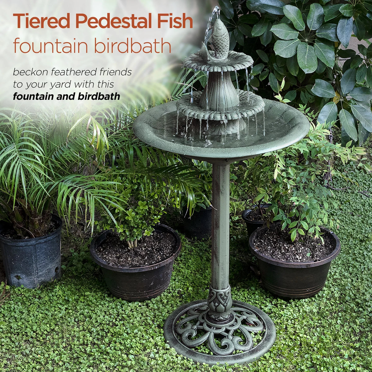 Plastic Bath, Pedestal Fountain Bird Alpine Corporation Green 3-Tier