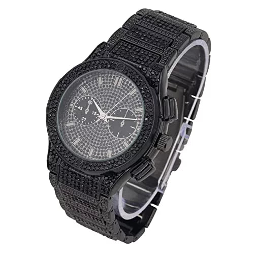 w/Miami - Metal Black Rhinestones Cuban - Bling Mens Iced Watch Big Out - Cuban - Inspired Bracelet Faux Hip Blast Hop Timepiece Diamond Eyes Chrono by on