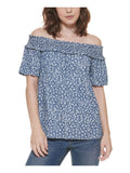 Floral Womens Hem XS Short TOMMY Smocked HILFIGER Sleeve Curved Blue Off Shoulder Top