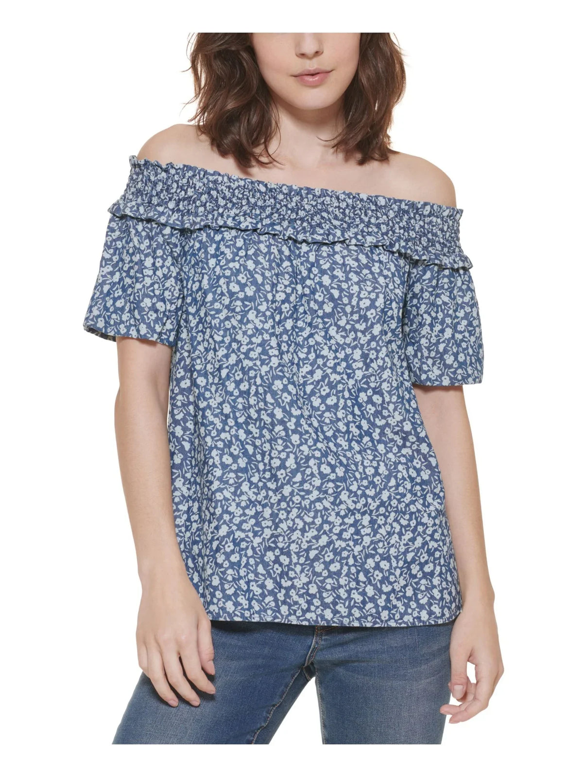 Floral Womens Hem XS Short TOMMY Smocked HILFIGER Sleeve Curved Blue Off Shoulder Top