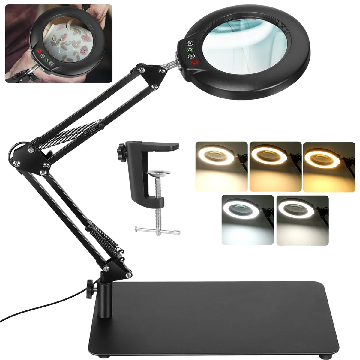 Lighted and Light 5 Painting, with Close Clamp, Hands Sewing Modes Magnifier Stepless Glass Desk Free Work, Magnifying with Craft, 10X Dimmable, for Lamp LED Stand, Color 2-in-1 Magnifying