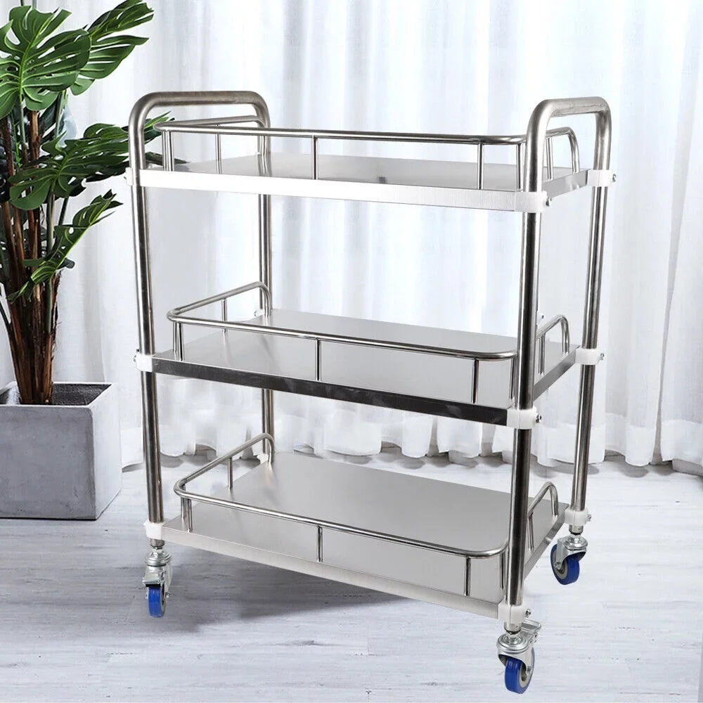 Restaurant Trolley for Cart 3 Cart Silver Cart Shelves Steel Shelf Mobile Locking Hotel Use Utility Layers Rolling Serving Home Wheels with Lab Household Storage Stainless Multifunction Silent