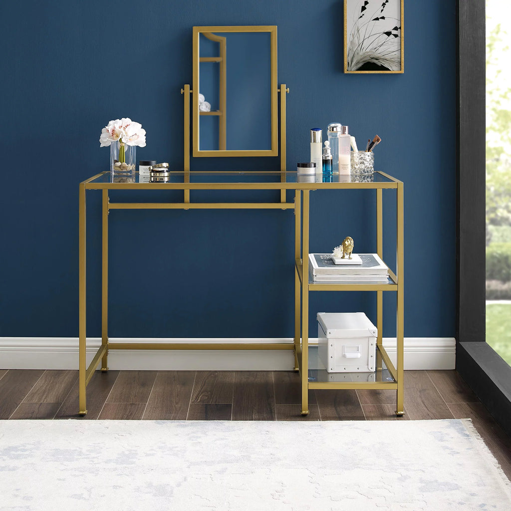 Furniture Crosley Desk/Mirror Glass Gold Vanity in Soft Tempered 2-Piece Aimee
