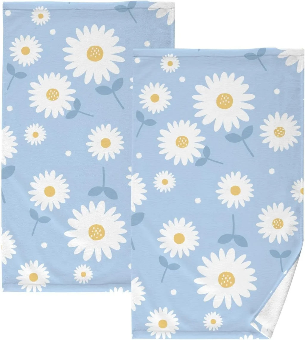 Wellsay Towel- Washcloths, Cotton Highly Hand Flower Pack Daisy Quick-Dry 2 Absorbent Set of Bath Blue Towel Face