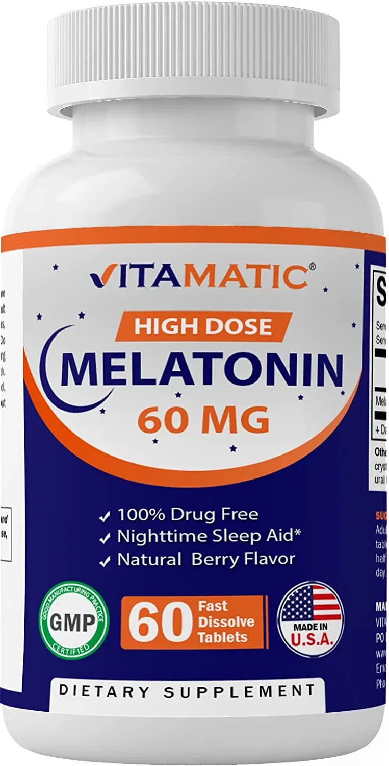 Tablets 60 Melatonin Non-GMO, Non-Habit (2 Flavor Berry Forming Tablets Gluten Vegan Dissolve Bottles) Natural - Fast Free Vitamatic 60mg - -