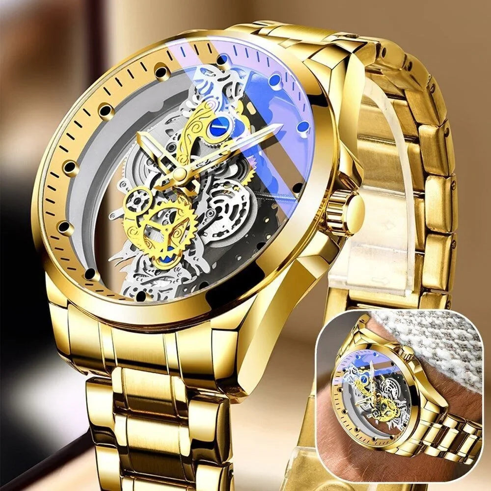 Luxury Quartz Steel Men's Watch Business USA Skeleton Hollow Stainless Automatic