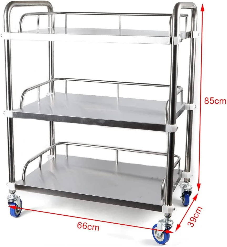 Restaurant Trolley for Cart 3 Cart Silver Cart Shelves Steel Shelf Mobile Locking Hotel Use Utility Layers Rolling Serving Home Wheels with Lab Household Storage Stainless Multifunction Silent