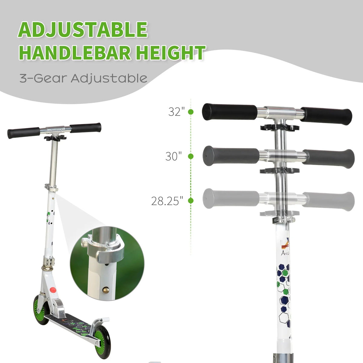 Adjustable Dual Girls, Brake Aosom Kick White One-click Rider Kids for Folding w/ Durable Handlebar, Kickstand, Wheels Sturdy Boys & with and Scooter Push Bearings, System,