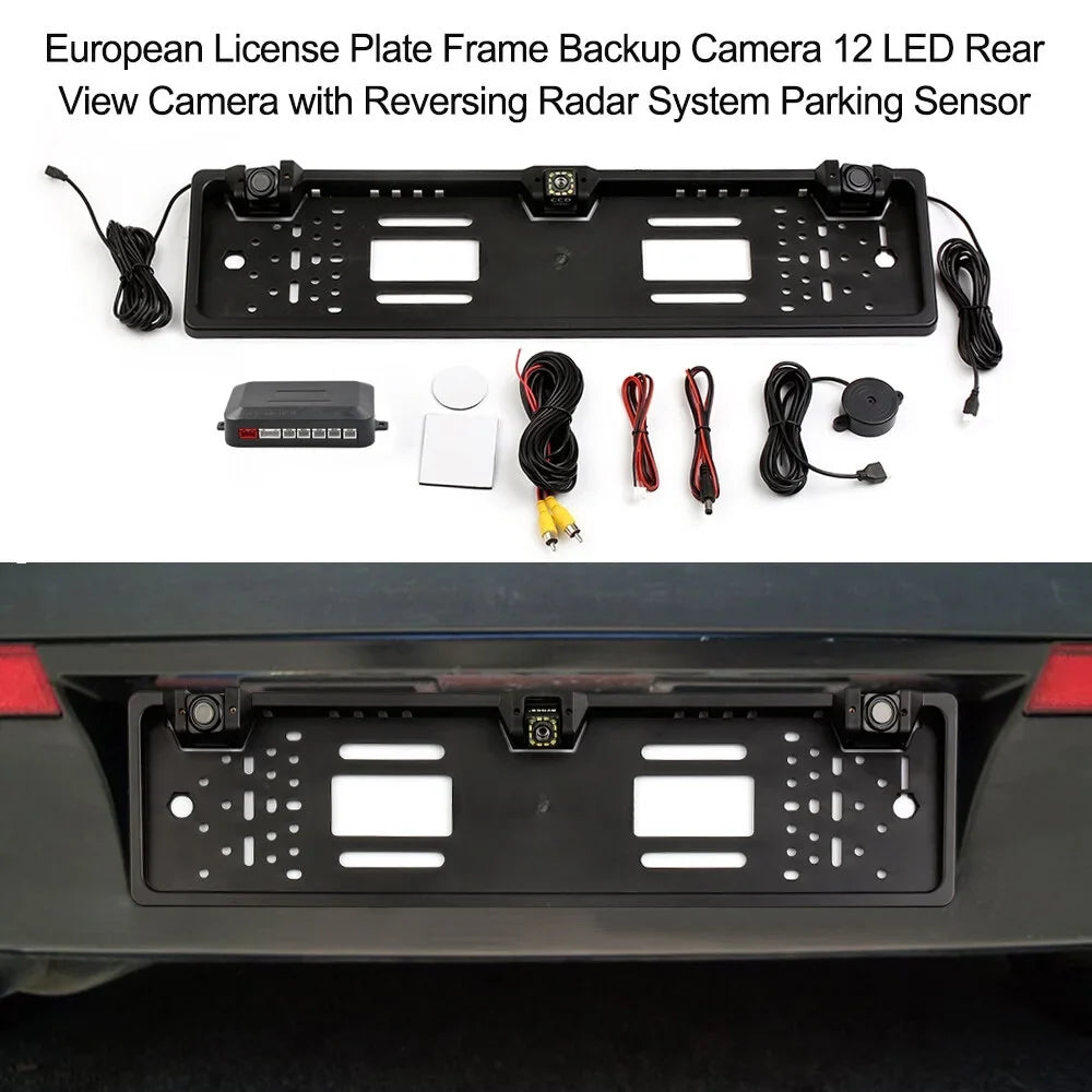 Nebublu Reversing 12 License Sensor Car European Rear Plate Backup Camera, Parking View LED Camera, Frame, System,