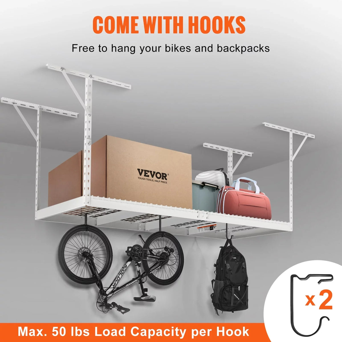 36x96in VEVOR 600lbs Garage Rack Ceiling Adjustable Storage White Rack Overhead