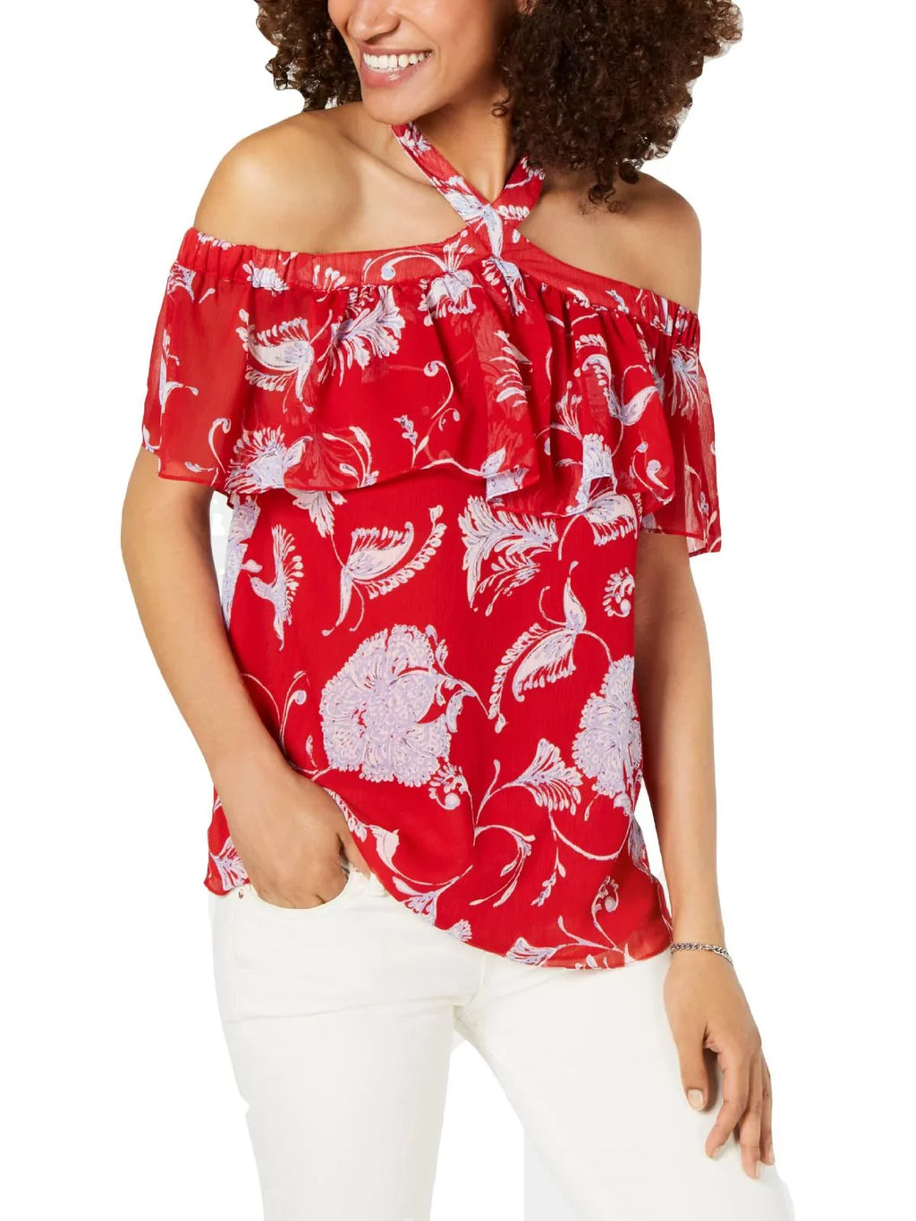 Red Shoulder Printed Blouse Womens Off the Hilfiger Tommy XS