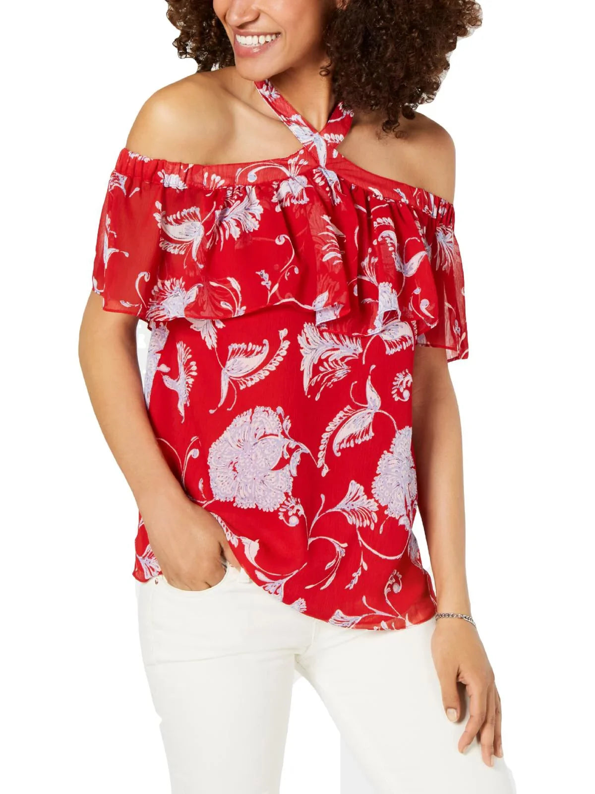 Red Shoulder Printed Blouse Womens Off the Hilfiger Tommy XS