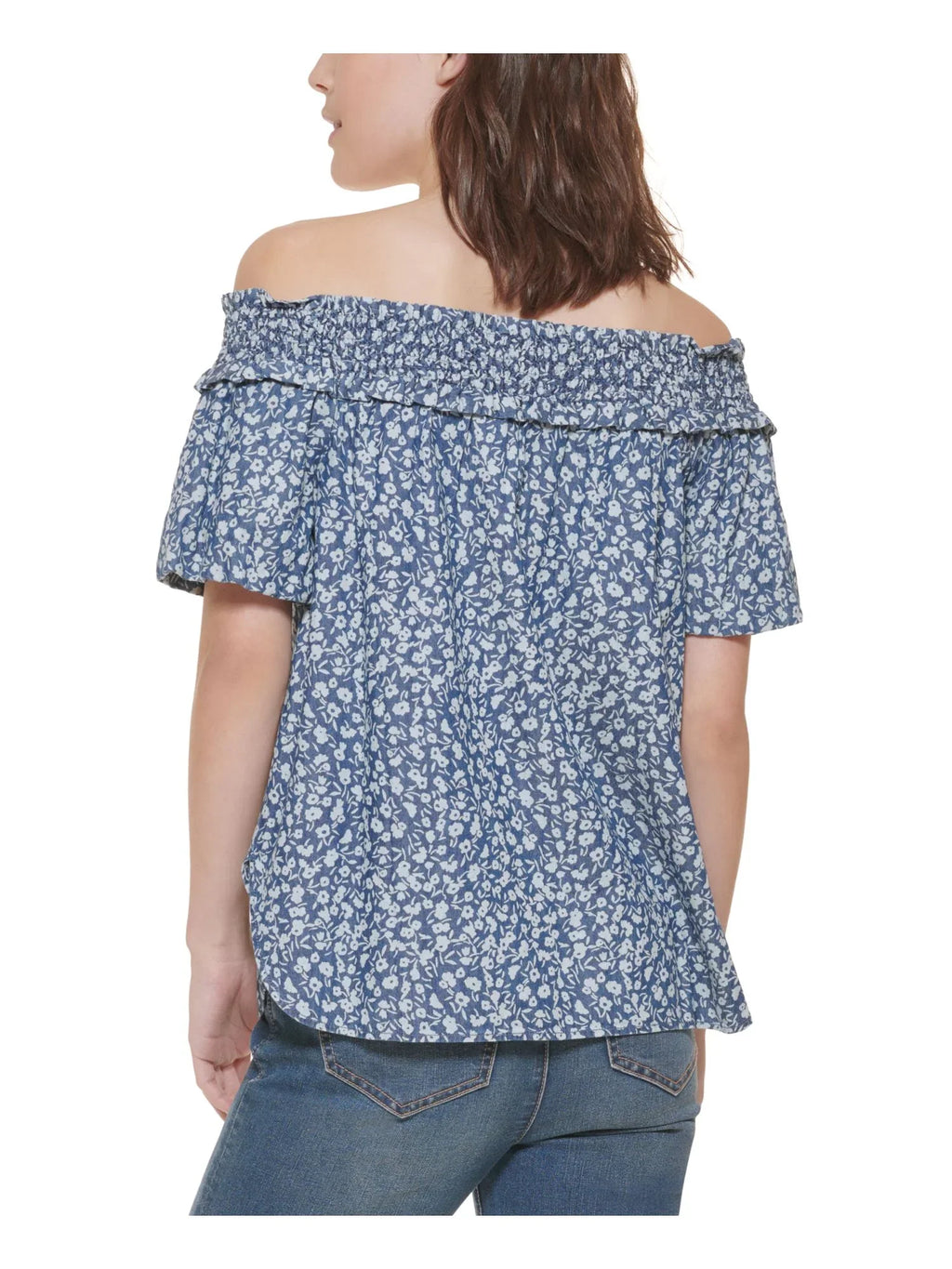 Floral Womens Hem XS Short TOMMY Smocked HILFIGER Sleeve Curved Blue Off Shoulder Top