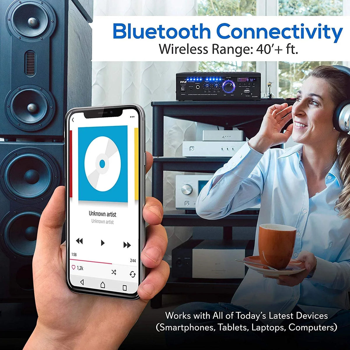 Display System w/ Home Audio Amplifier PCAU46BA Bluetooth LED Pyle Blue