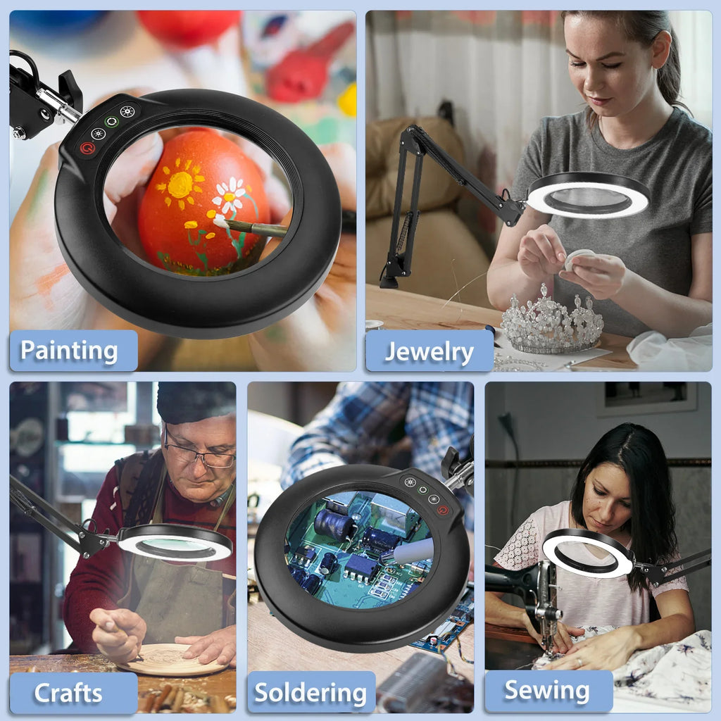 Lighted and Light 5 Painting, with Close Clamp, Hands Sewing Modes Magnifier Stepless Glass Desk Free Work, Magnifying with Craft, 10X Dimmable, for Lamp LED Stand, Color 2-in-1 Magnifying