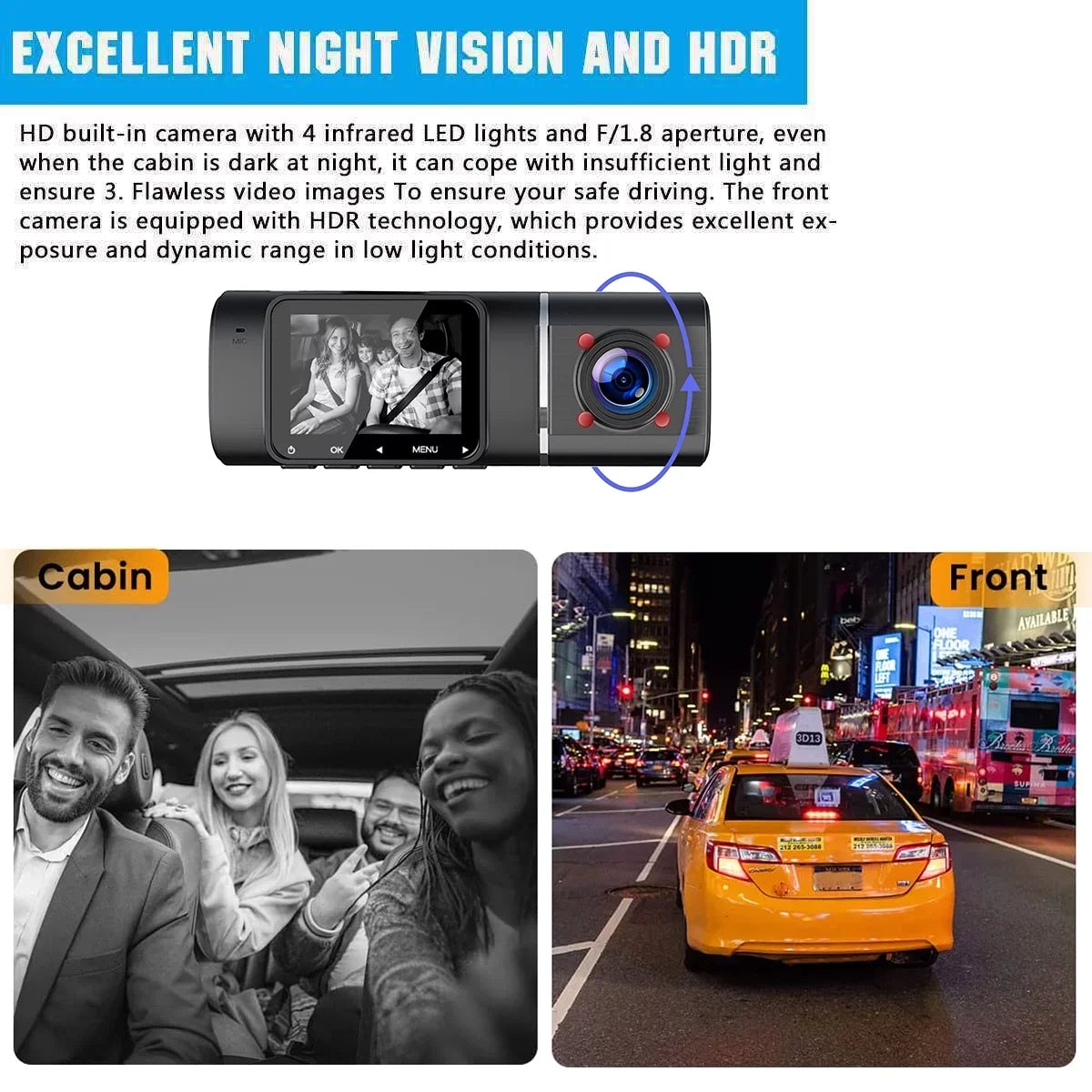 Front 720P with Camera, Screen Uber IR 1080P inch Night 1.5 Cabin LCD Cam Dash FHD Dash Dual Inside Toguard Vision, and