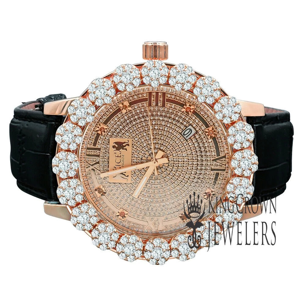 Watch Bezel Leather Rose Khronos Tone W/Date Wrist Gold Face Mens Flower Genuine Dial Genuine Diamond Roman