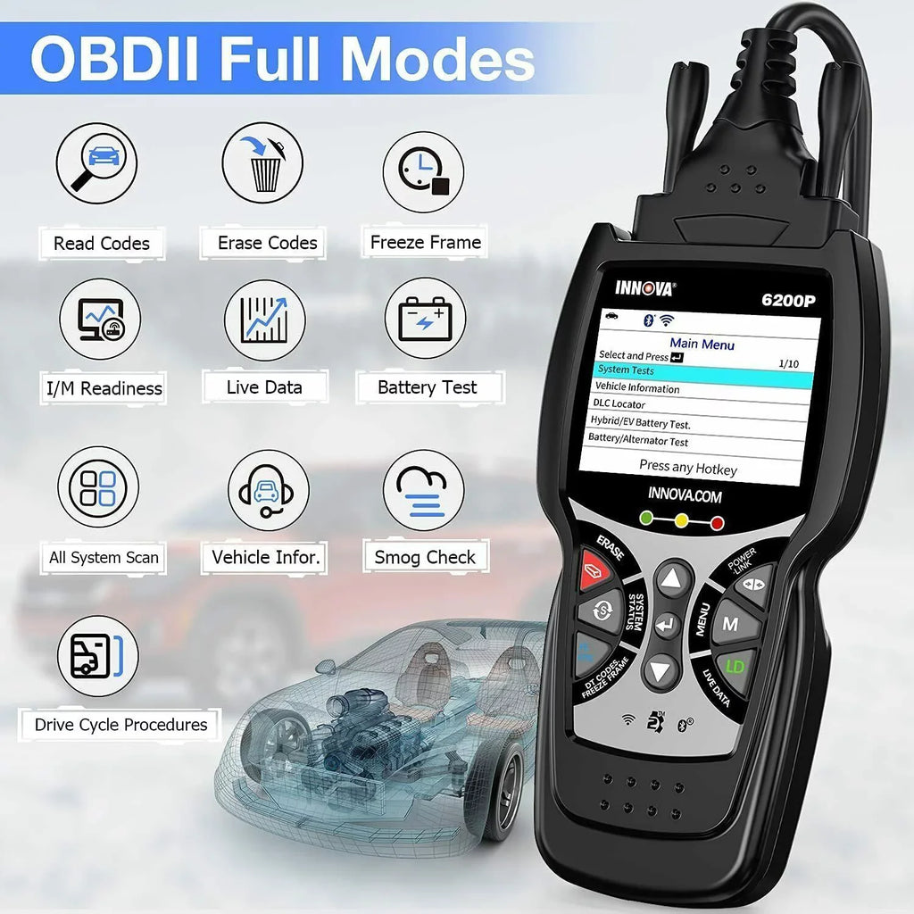 Bluettoth Diagnostic System Tool Reader Battery 6200P Oil OBD2 Registratio ABS Code Scanner Full INNOVA SRS