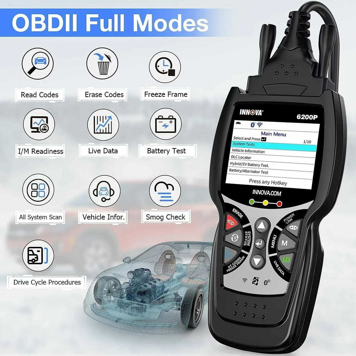 Bluettoth Diagnostic System Tool Reader Battery 6200P Oil OBD2 Registratio ABS Code Scanner Full INNOVA SRS