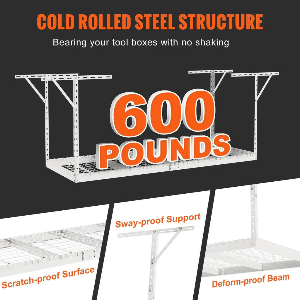 36x96in VEVOR 600lbs Garage Rack Ceiling Adjustable Storage White Rack Overhead