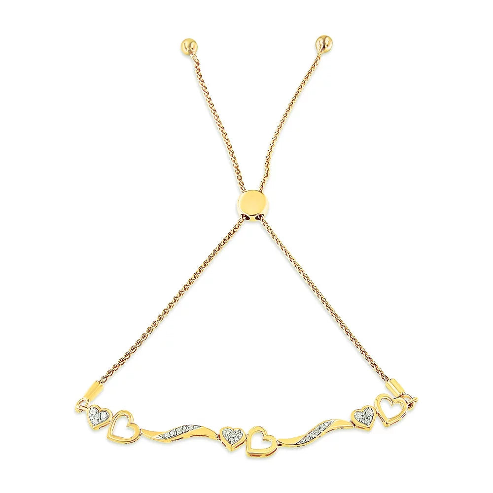 Wave Diamond Cttw 1/10 4"-10" .925 Gold Sterling Bolo 14K Color, Bracelet (I-J and Silver Adjustable I3 Hearts Plated Clarity) Yellow