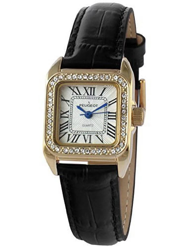 gold peugeot dress black petite luxury 14k square small 3052bk womens watch plated tank band leather