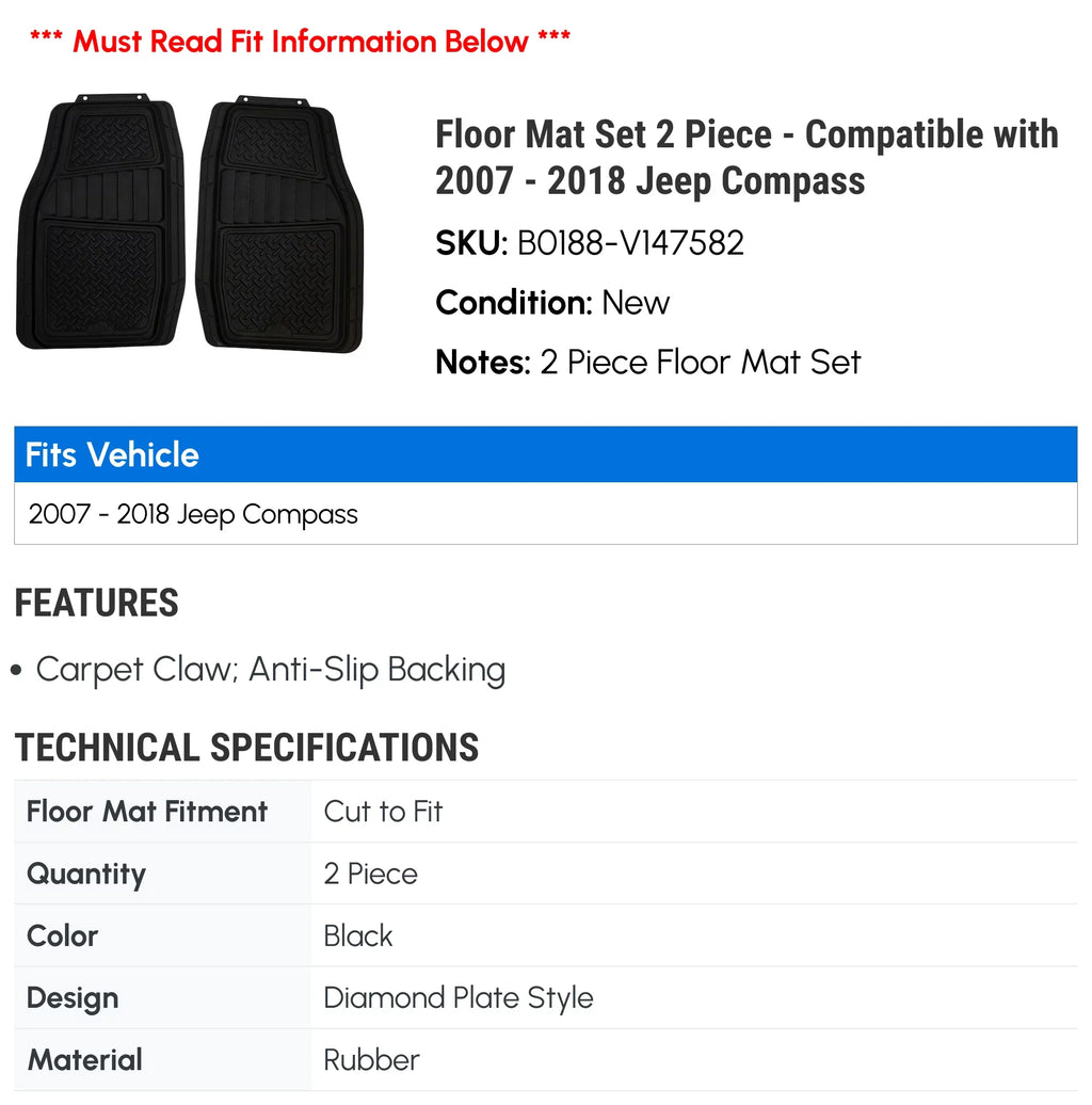 2013 2018 - 2 with 2010 Floor Set - 2008 2014 Piece Jeep 2016 Compatible 2009 2011 Compass 2017 Mat 2015 2007 2012