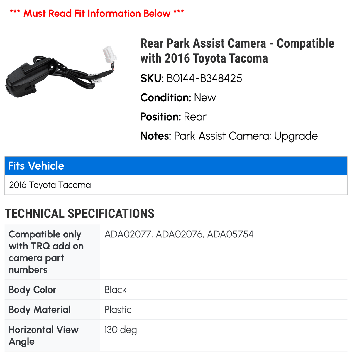 Assist Toyota - Compatible Rear 2016 with Camera Park Tacoma