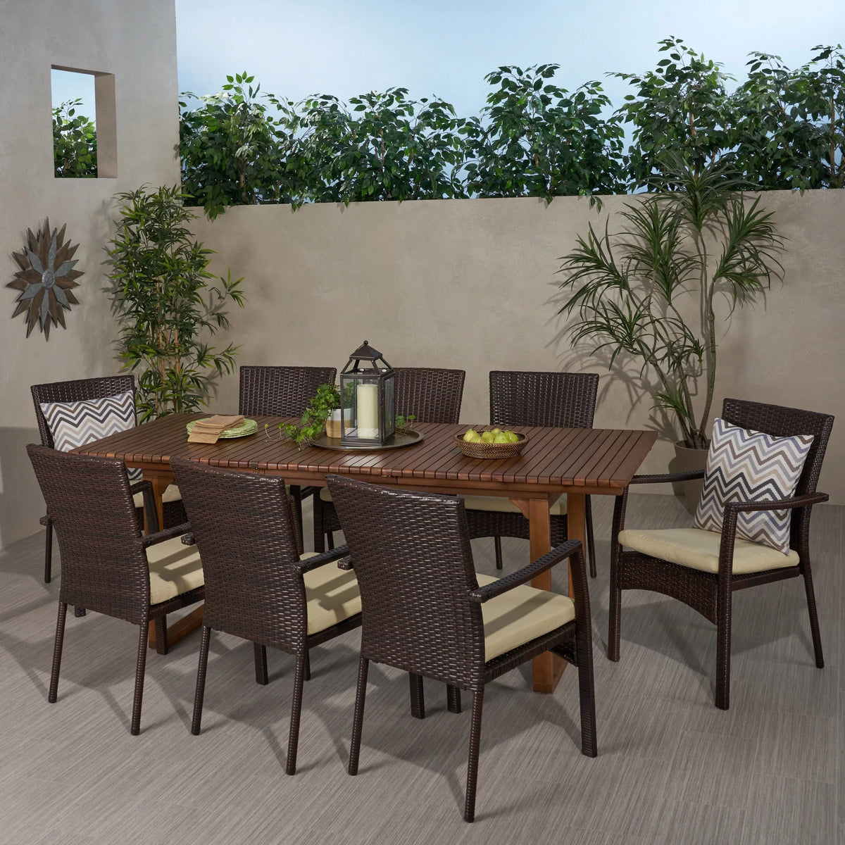 Set, Outdoor Cream Wicker Expandable Seater and Maxwell 8 Brown, Wood Dining