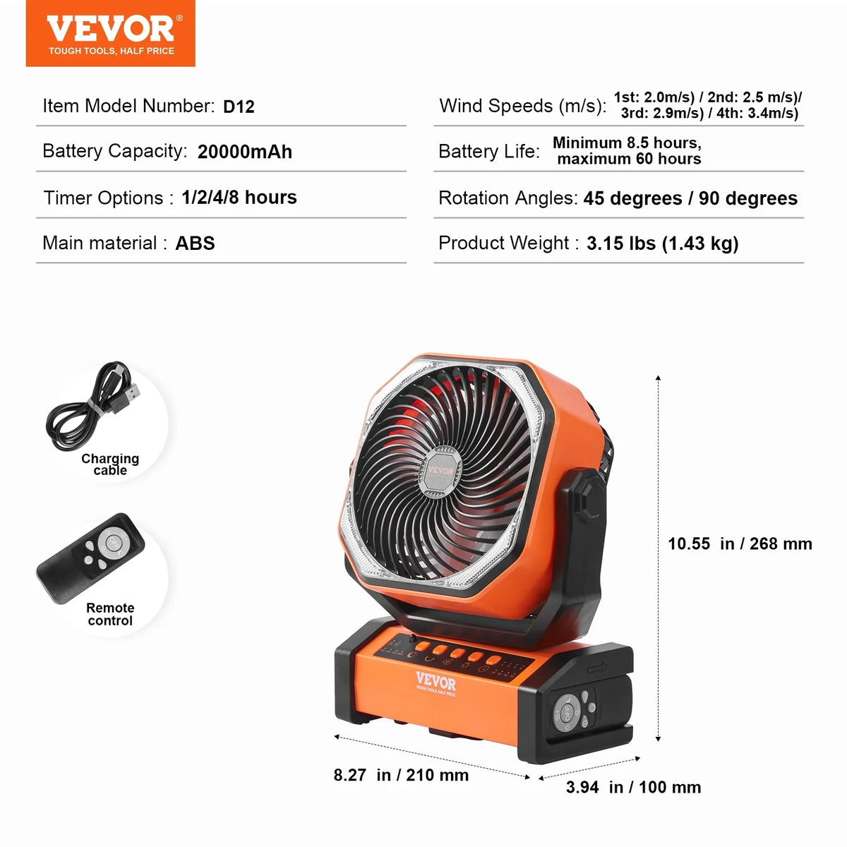 Portable with LED 4 Fan Rechargeable Timer Lantern Swivel inch Speeds SKYSHALO 9