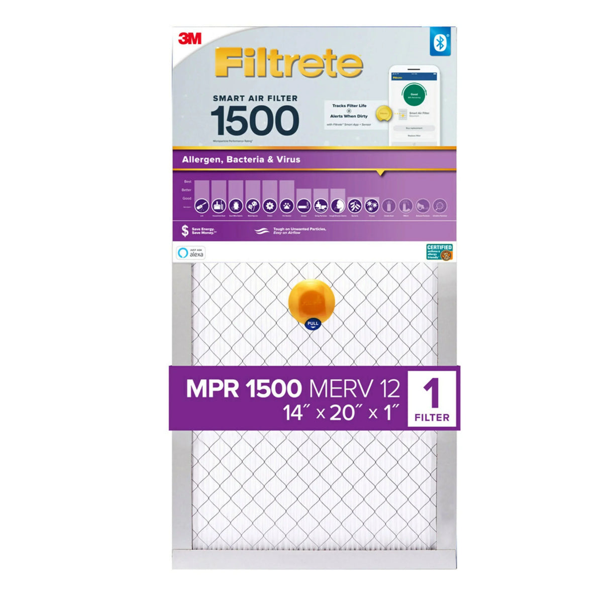 Allergen, Filter MERV 12, Air MPR 1 Bacteria Filter, Filtrete 14x20x1 Smart Virus, 1500