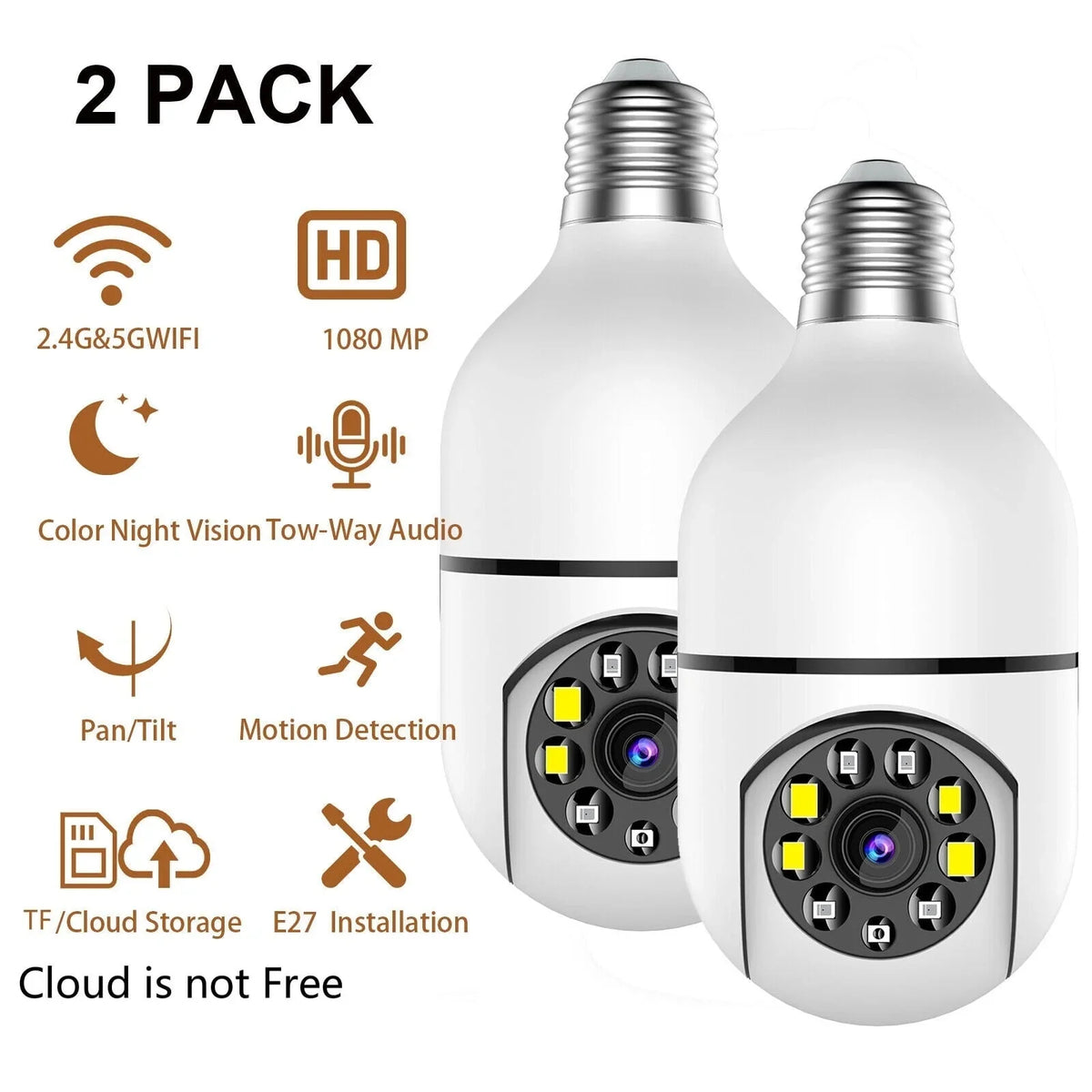 Monitor Infrared with Bulb IP Night HD Vision, 1080P Wireless (Supports 2.4G 2PCS Cam Camera, &5G White E27 WIFI Camera, Security Light Security Wi-Fi)