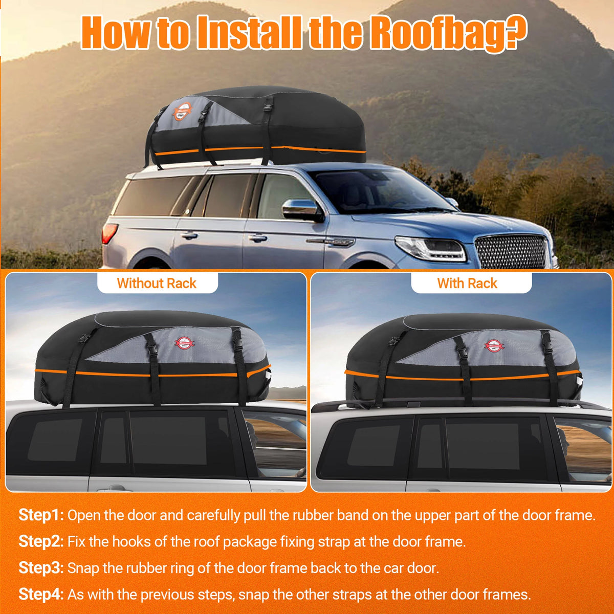 Cargo ft 100% Storage Adnoom Luggage Rooftop Car Bag, Bag Orange Soft Car Waterproof Car Carrier, Sided Top Black, Carrier Roof Bag 16 Cu