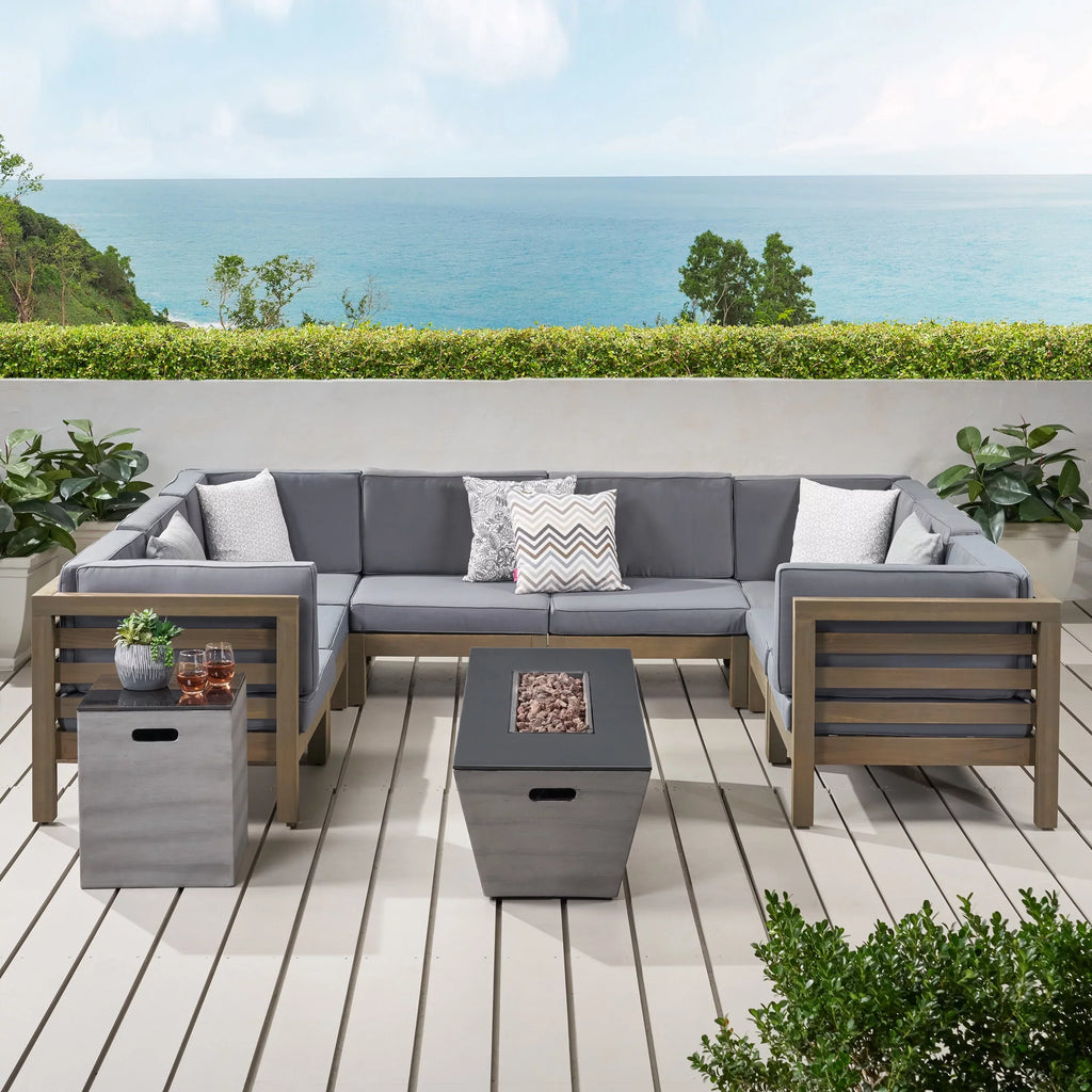 Sectional Gray, Black, Acacia 8 Gray, Gloss Sofa Fire Seater Set Pit Kolten Modern Holder, Wood and Outdoor Tank with Dark