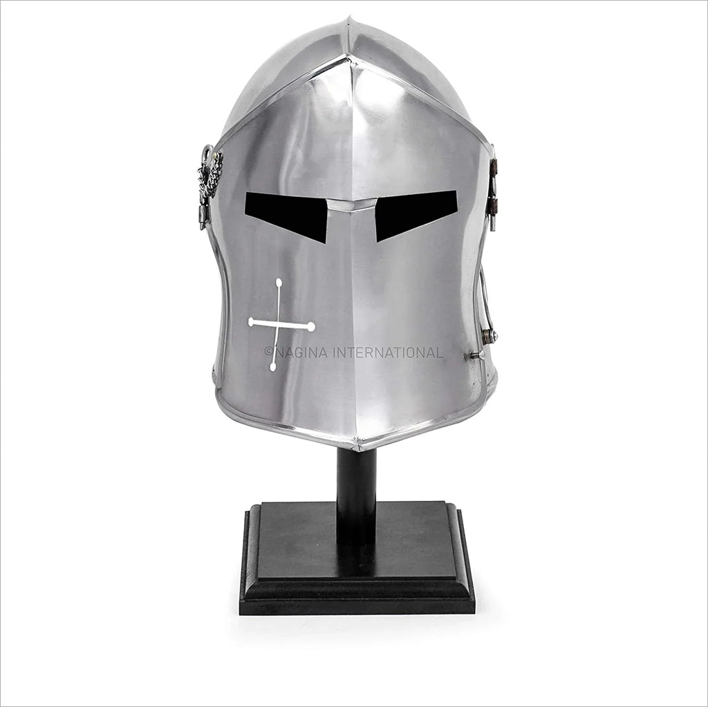 Crusader's Base Barbuta Medieval Costumes Knights Nagina On Props Black Armory For International Templar Wooden Steel Visored Brushed & | Helmet Helm Larpers