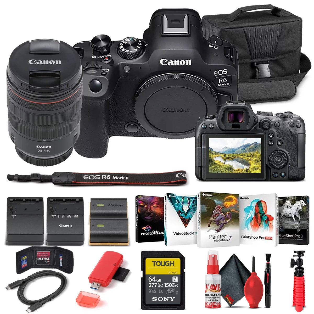 '+ LPE6 (5666C011) + Card with Corel R6 Mark Reader Memory Lens External Camera Card Software 24-105mm Photo + f/4 II + Canon + Case + + More EOS Mirrorless Charger Battery 64GB