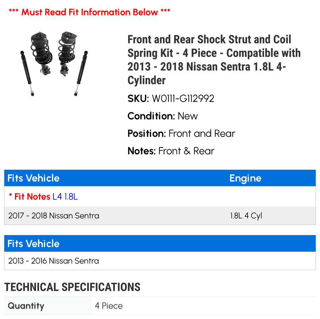 Front Strut 4 1.8L Spring 2013 Nissan with 2018 4-Cylinder and - Piece 2015 2014 2016 Shock Coil Sentra Kit - Rear and - 2017 Compatible