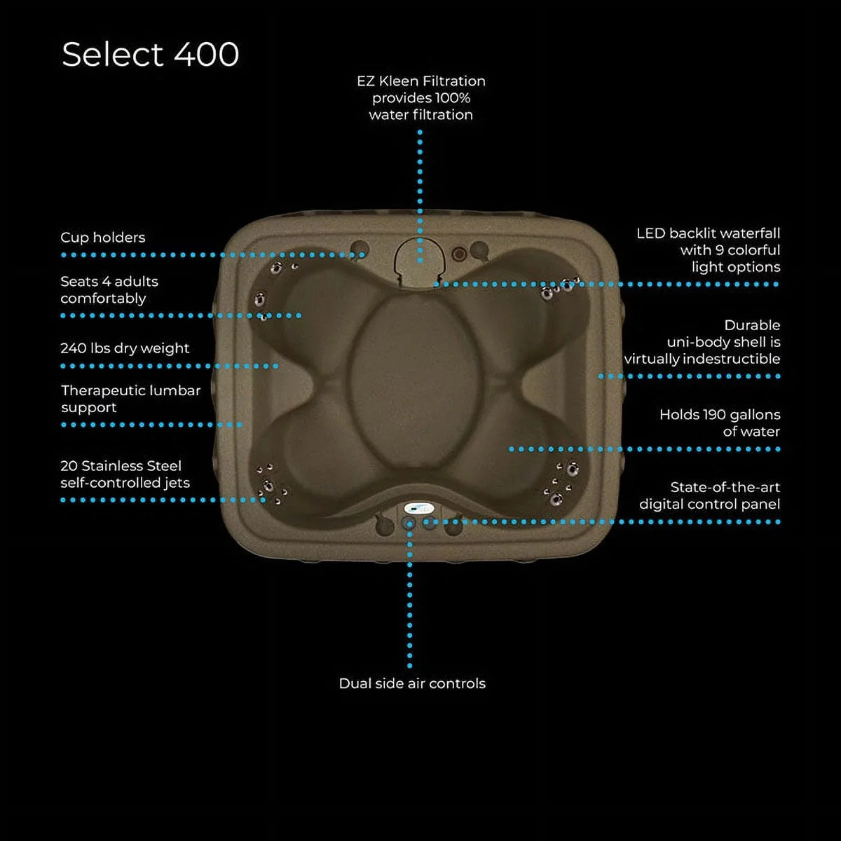 AR-400 Hot Aquarest Jacuzzi® - Powered 20 Tub w/LED 4- Spas Person Jet- Select waterfall Brownstone Plug and Play - By