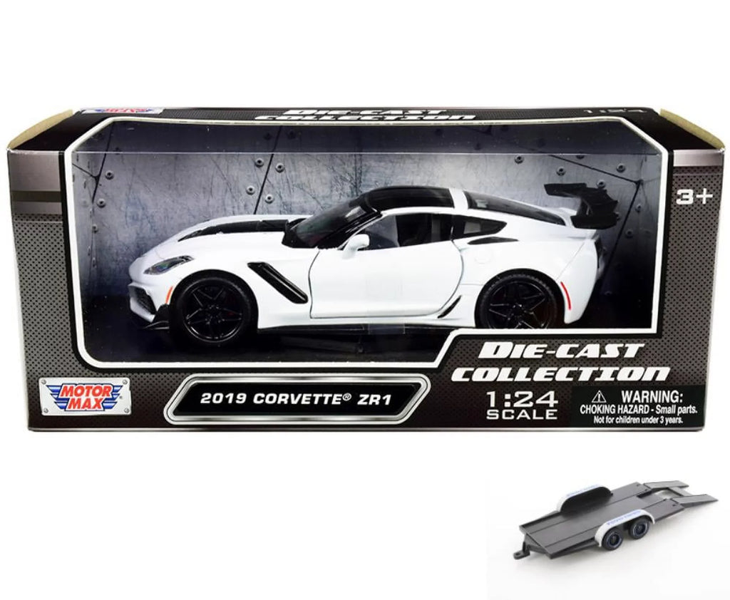 Model Max - - White Toy 79356WH 2019 Motor w/Trailer - scale ZR1, 1/24 Corvette Car Diecast Chevy Diecast Car
