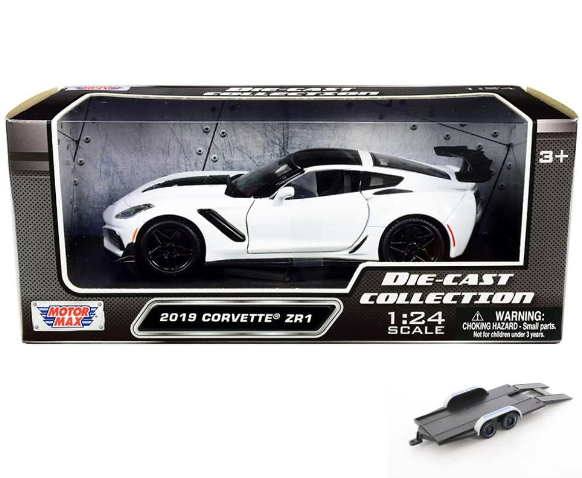 Model Max - - White Toy 79356WH 2019 Motor w/Trailer - scale ZR1, 1/24 Corvette Car Diecast Chevy Diecast Car