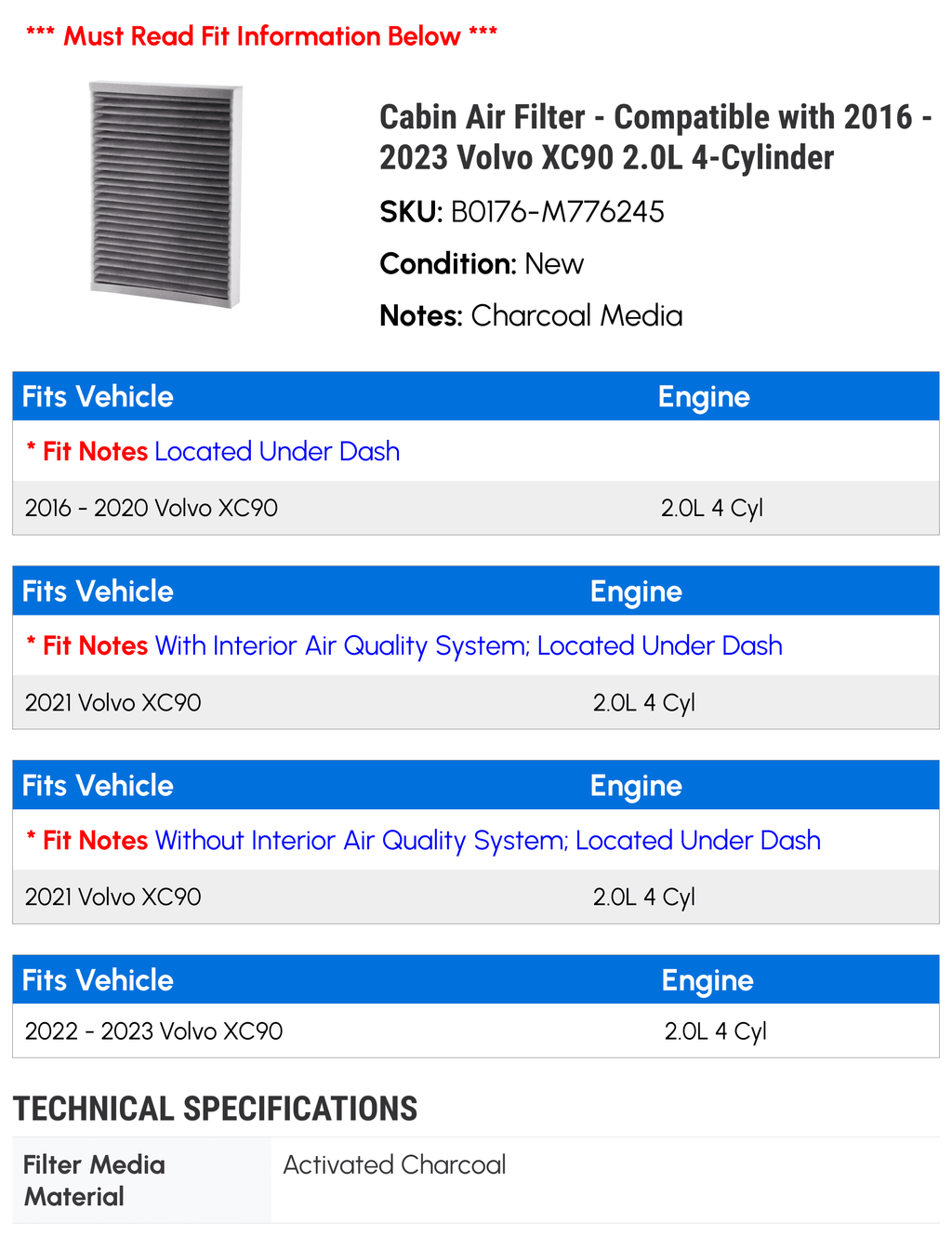 Air 2023 2017 2016 with - 2018 2021 Filter 2022 - 2.0L XC90 Cabin 2020 Volvo 4-Cylinder Compatible 2019