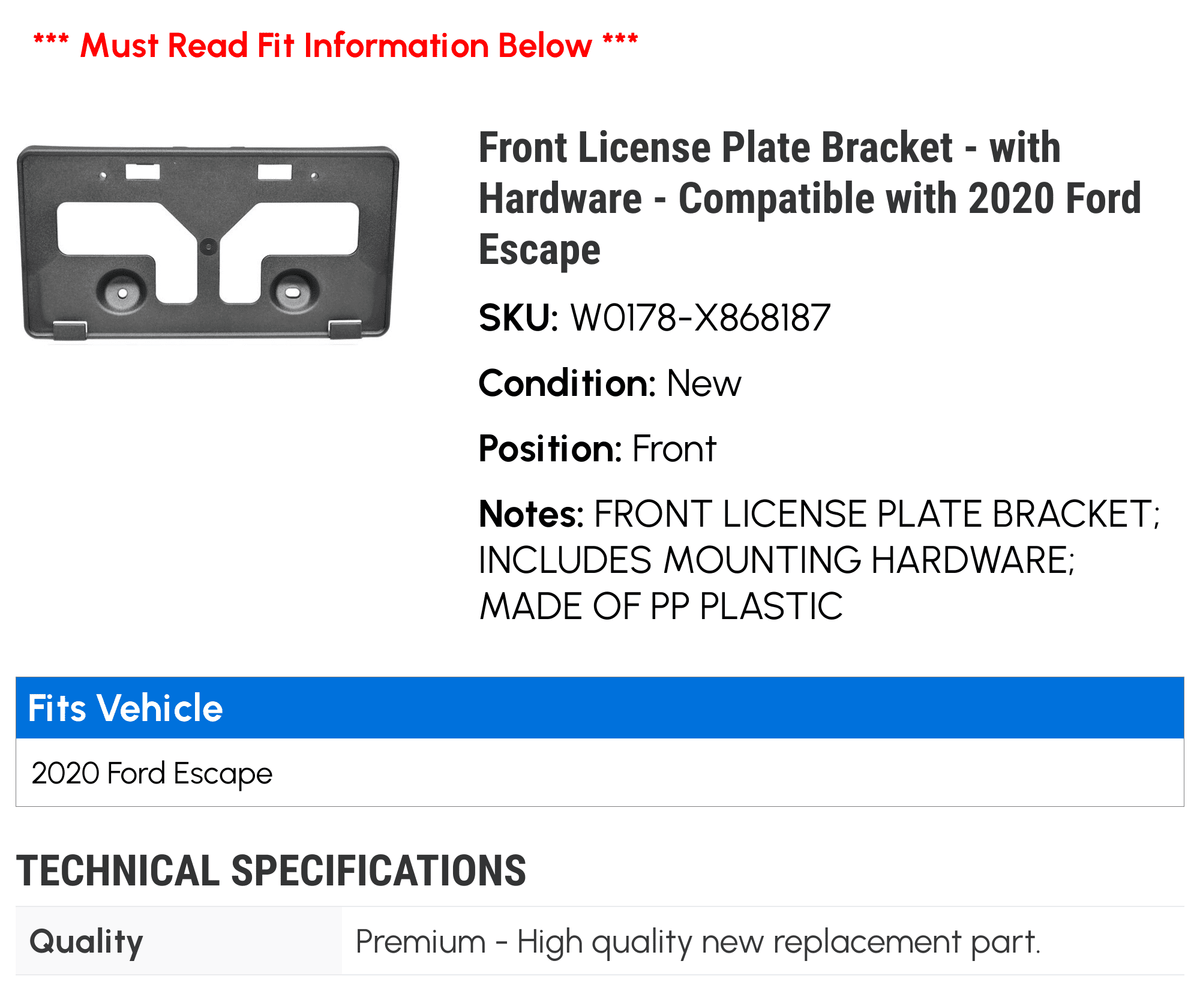 2022 with 2020 Front Compatible Escape License Bracket Plate Ford - - with 2021 Hardware