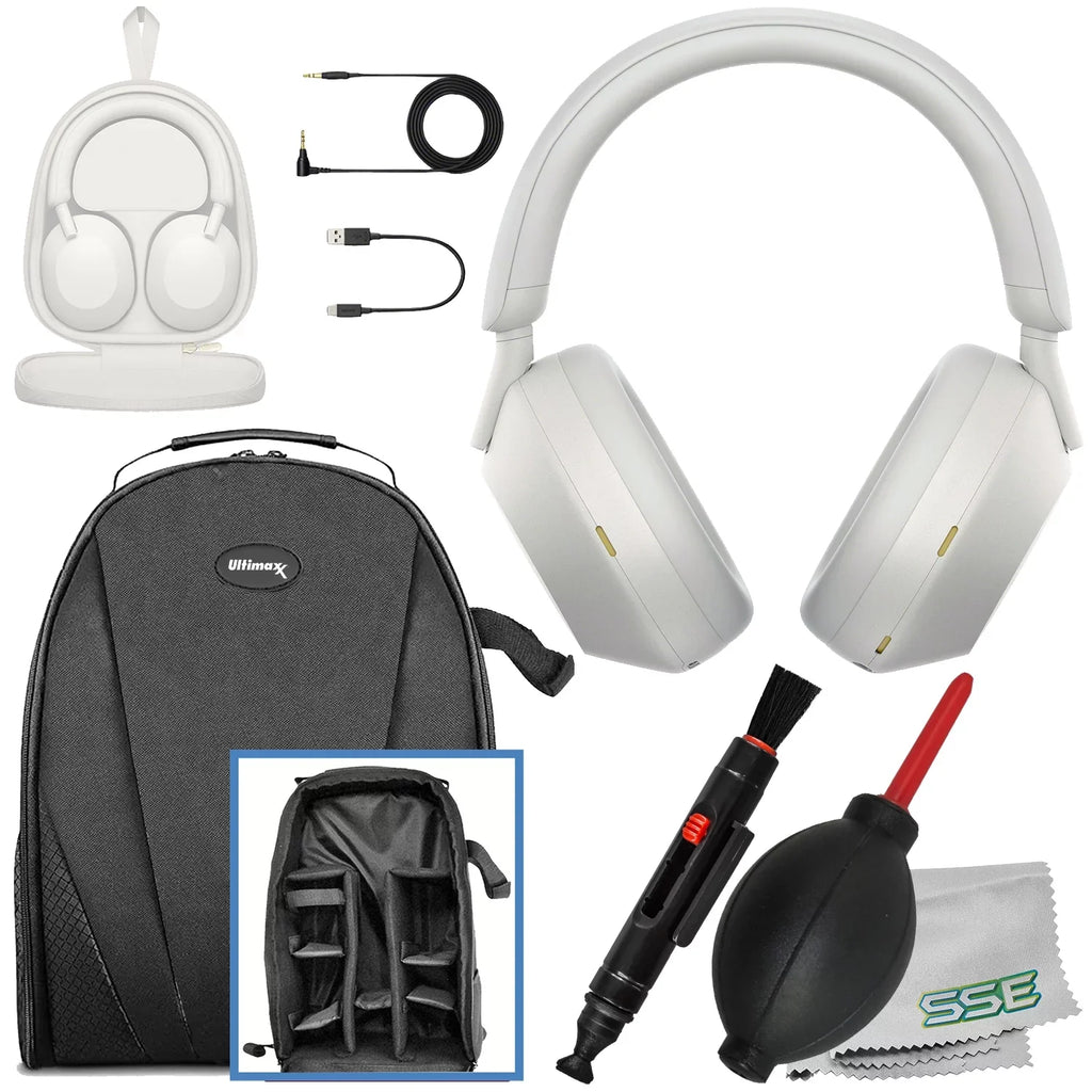 Headphones Ultimaxx Over-Ear & Noise-Canceling (Silver) Bundle) Essential Sony Gadget Wireless - Includes: Bundle Water-Resistant More (7pc WH-1000XM5 Backpack